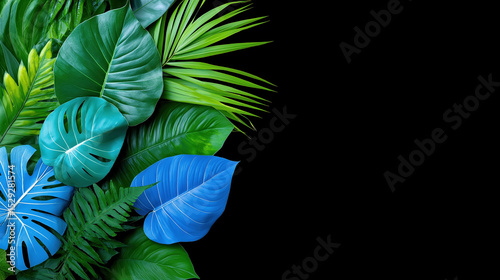 Vibrant tropical leaves create a lush natural background