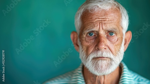 Pensive elderly man with deeply weathered lined face and penetrating thoughtful gaze set against a neutral background
