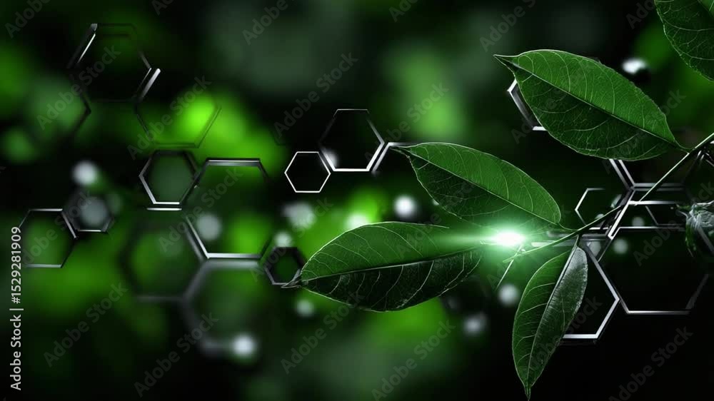 Leaves shine in radiant green, showcasing a blend of natural beauty and scientific motifs with hexagonal patterns symbolizing molecular connections and harmony in nature