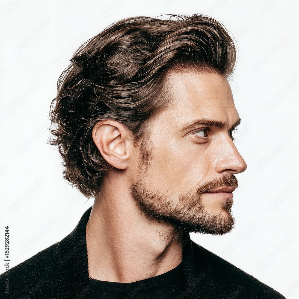 Obraz premium Man with wavy brown hair and beard side profile portrait on a white background studio shot closeup