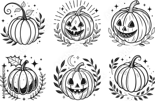 Six unique Halloween pumpkin designs perfect for autumnal branding logos icons or spooky seasonal decorations