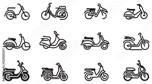 Black and White Bicycle Scooter Icons Vector Set