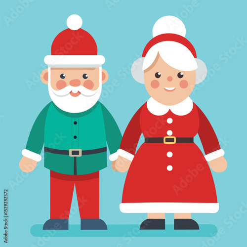 Cheerful Christmas: A whimsical illustration captures Santa and Mrs. Claus standing together, holding hands and dressed in classic attire with a sense of charm and warmth for the holiday season.