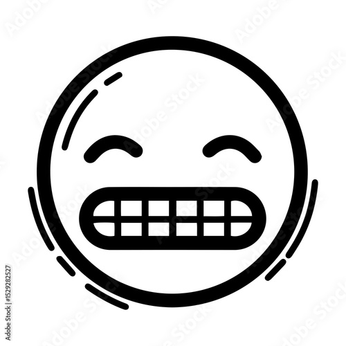 Outline style emoji with a wide, strained grin. Features tightly squeezed eyes and mouth displaying clenched teeth, suggesting extreme happiness or an effort to suppress laughter, exaggerated emotion