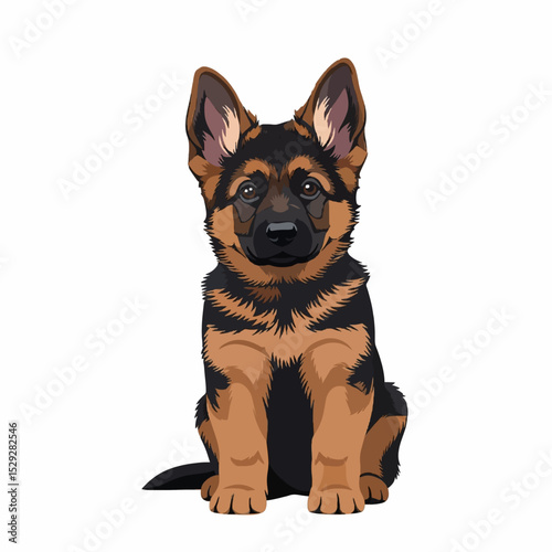Illustration of a cute German Shepherd puppy sitting. Black and tan fur, erect ears, and expressive eyes. A charming image of a young dog.