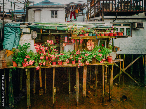 Traditional Stilt Houses In Hong Kong Village: Colorful Weathered Structures Built On Wooden Pilings Amid Urban Surroundings And Mountain Backdrop In Southeast Asia