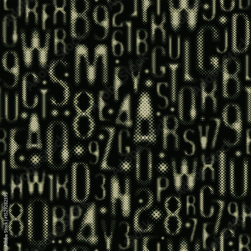 seamless pattern with a font consisting of dots. On the theme of matrix print, computer games, digital technology, pixels. A set of letters and numbers of an  alphabet. No AI is used