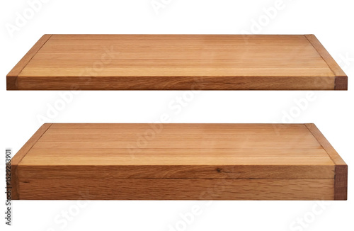 Oak wooden empty shelves isolated on white background. Ideal for products display