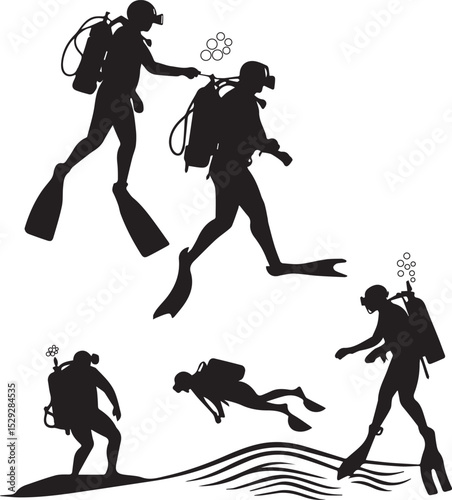 Scuba Diving Silhouettes Underwater Adventure Vector Illustrations
