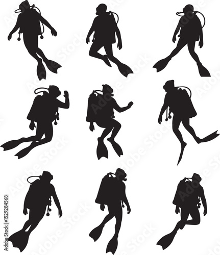 Scuba Diver Silhouettes Nine Poses in Black and White EPS Vector Illustration