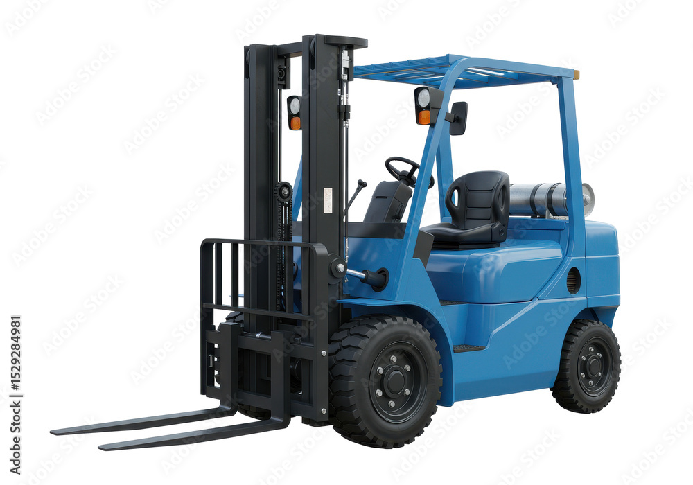 Fototapeta premium Blue forklift in a warehouse setting, lifting crates with workers in the background