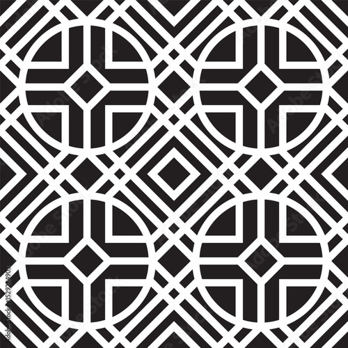 Modern Geometric Seamless Circular Pattern Black and White Decorative Artwork