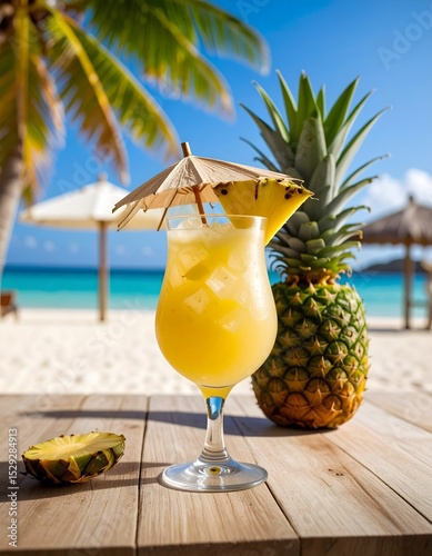 Fototapeta Naklejka Na Ścianę i Meble -  Refreshing pineapple cocktail on a tropical beach getaway