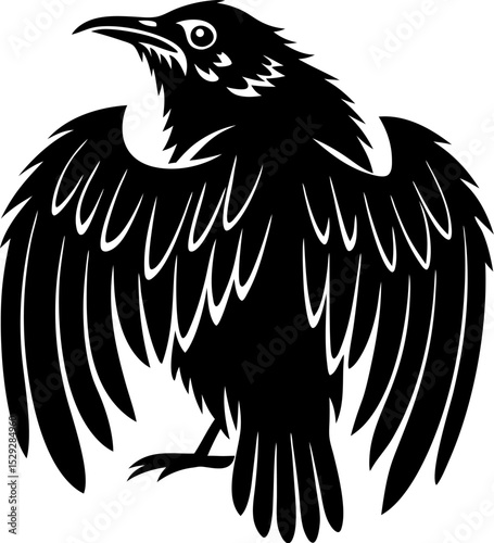 Silhouette of a american robin outline drawing of a raven with its wings spread on Transparent Background