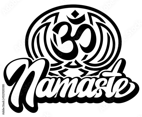Black and white Namaste script with sacred Om symbol in ornamental circular mandala style spiritual design.