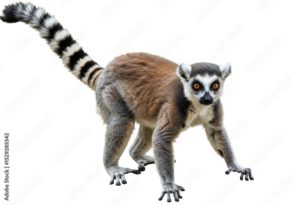 Fototapeta premium A curious lemur crouching on all fours, showcasing its striking features and vibrant tail