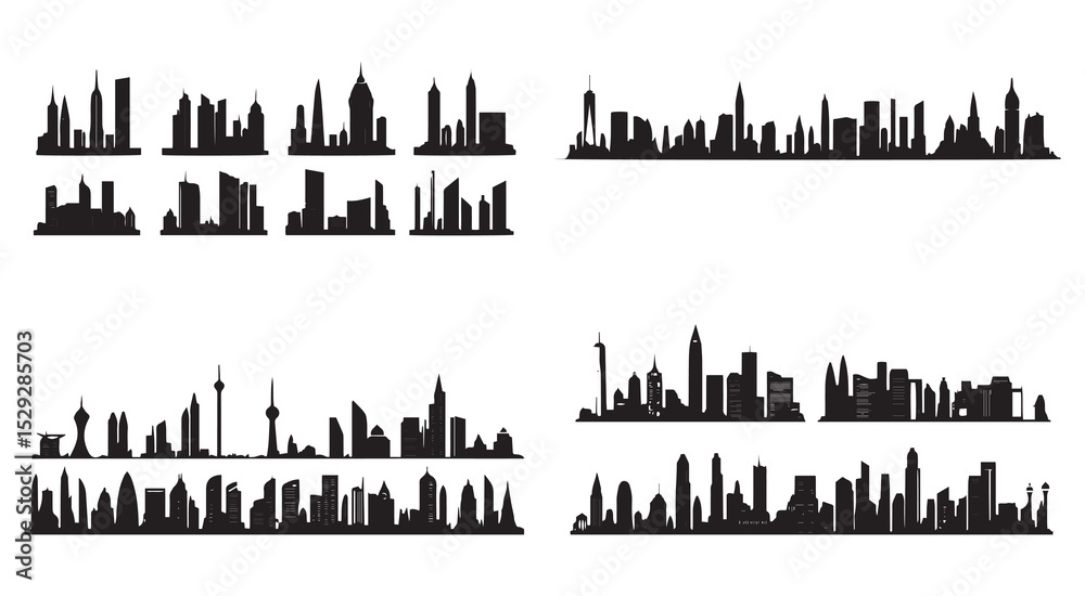 Fototapeta premium Black City Skyline Silhouettes Various Cityscapes Vector Illustrations