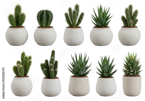A collection of diverse potted cacti arranged in a neat grid on a white background