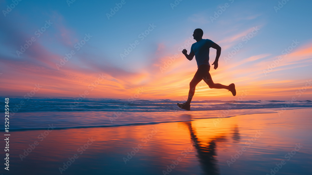 Runner on a beach at dawn silhouette in motion Runner on a beach at dawn silhouette in motion