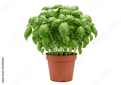 Fresh basil plant in a terracotta pot, showcasing vibrant green leaves, ideal for cooking