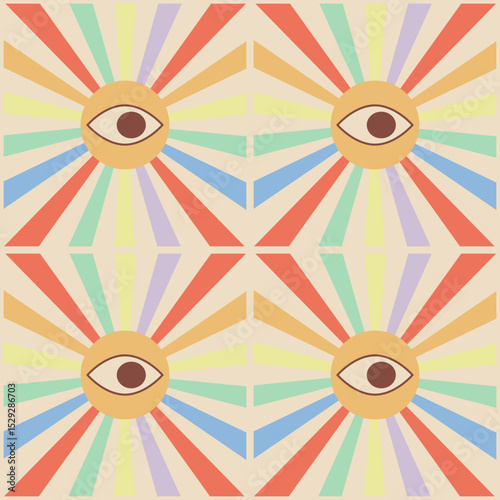 A bright abstract seamless pattern in the style of sun rays with an eye and rainbow rays.