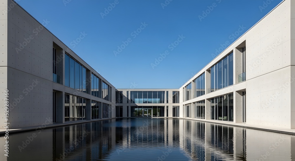 Fototapeta premium Modern Architecture Building with Reflecting Pool Under Blue Sky Contemporary Design, Urban Landscape Photography.