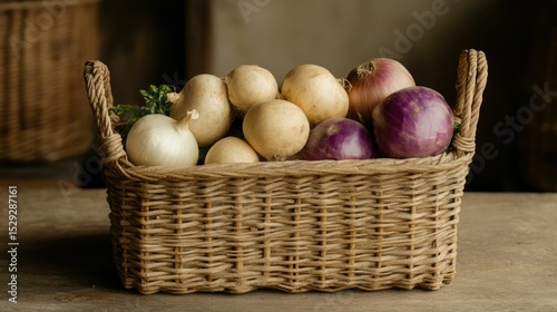 A bountiful harvest of freshly gathered vegetables including potatoes onions and other seasonal produce nestled in a rustic wicker basket against a neutral backdrop conveying a homespun