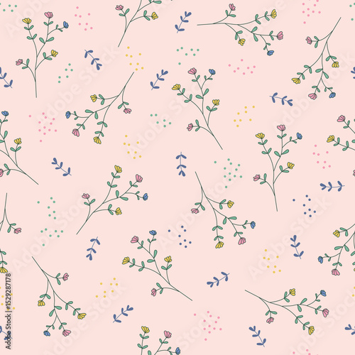 Sweet seamless pattern of tiny pastel flowers on a soft pink background with subtle straight lines. Created from vector artwork, this cute floral design is perfect for fabric, wallpapers, wrapping pap