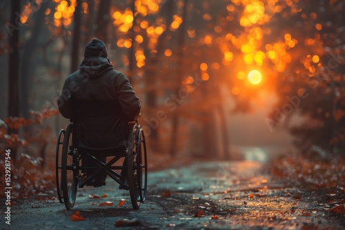 A serene view of an individual in a wheelchair, gazing at a vibrant sunset surrounded by trees, capturing a moment of peace and reflection amidst autumn foliage.