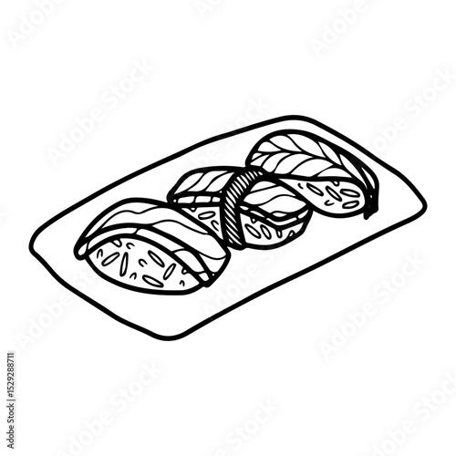 Spoiled sushi on a plate. Hand drawn doodle vector. Traditional Asian food. Rice with tuna, salmon, eel, shrimp. Restaurant menu. Illustration line art element.