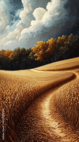 A golden wheat field with a path leading off into the distance is useful for advertising agricultural products.