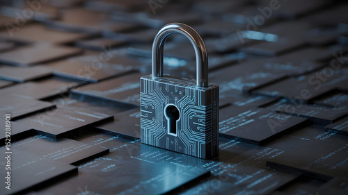 Digital security padlock depicting circuit board details protecting against cyber threats online