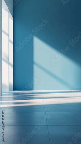 Cozy interior with blue walls and light floors, creating a calm atmosphere. Background for design projects and advertising of interior solutions.