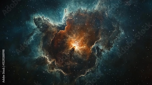 Cosmic nebula with bright stars and clouds of gas. Background for scientific articles and educational materials.