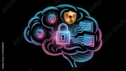 Cybersecurity concept depicting brain protection and digital data security with virus threats