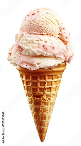 Delicious ice cream in a waffle cup with white and pink color. Suitable for advertising desserts and summer treats.