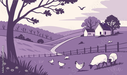 Farm animals pastoral scene sheep chickens grazing in green field with distant farmhouse rolling hills under purple sky digital art landscape
