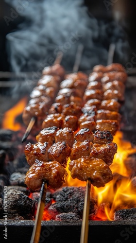 Grilled kebabs, juicy and appetizing, cooked over an open fire. Useful for articles about cooking, barbecue and summer recipes.