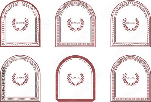 Classic crest arch frame icons. Red bordered arch shapes with laurel crest decoration for certificates or labels  