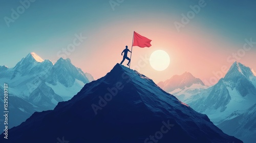Man on top of mountain with red flag on sunset background. Suitable for motivational posts and articles about traveling.