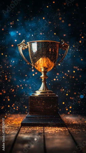 Gold bowl with sequins on a dark background, creating an atmosphere of celebration and victory. Useful for promotional materials, event websites and in blogs about celebrations.