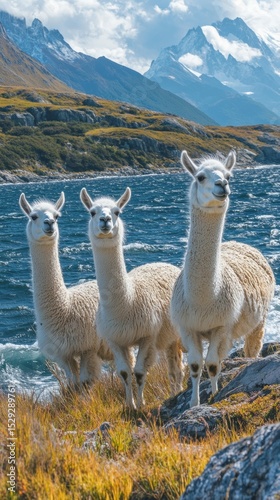 Three llamas on a background of mountains and a lake under a blue sky. Useful for tourist brochures and articles about nature.