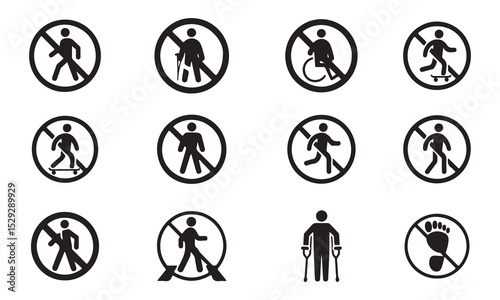 Collection of black and white no entry signs prohibiting various forms of pedestrian movement vector art on white