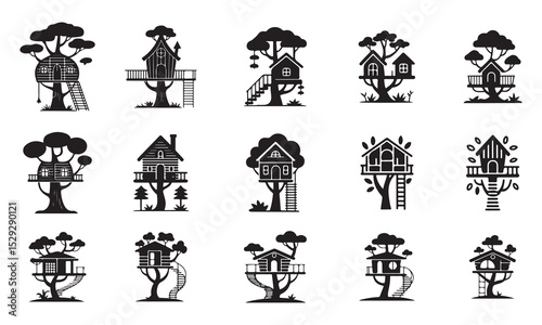 set of twelve black silhouette treehouse designs are perfect for a variety of uses vector art on white