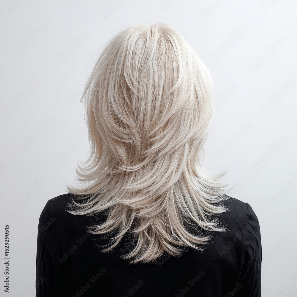 Naklejka premium Platinum blonde layered shag haircut trend modern hairstyle inspiration for women stylish back view