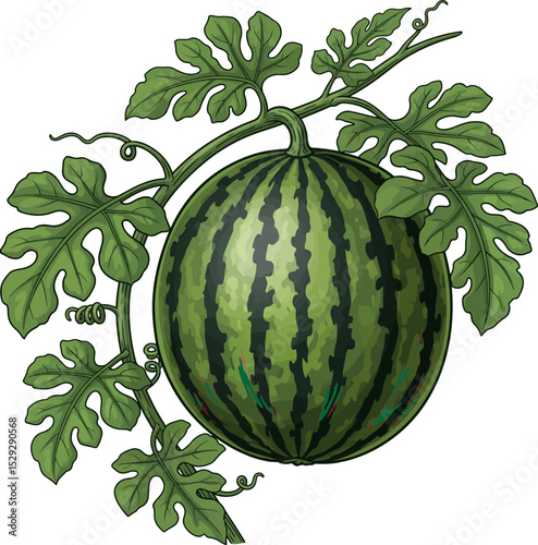 A fresh, ripe watermelon with green leaves sits on a white background, embodying a sweet and healthy summer fruit
