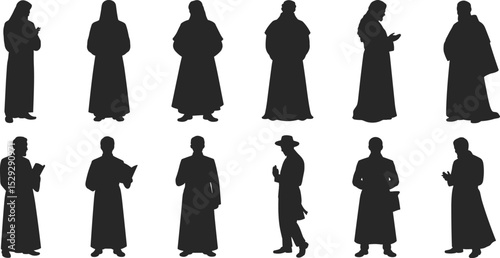 Silhouette of priests and religious men, Christian figures in robes, vector illustration for faith, prayer, religion, belief