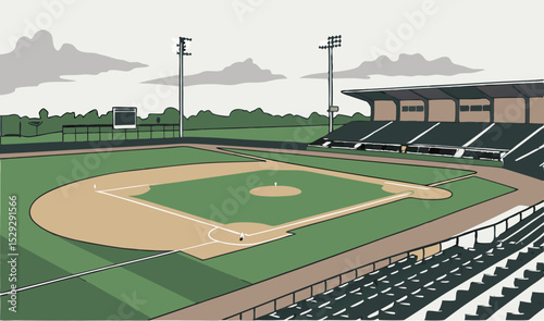 Empty baseball field ready for the game with nobody in the stands. 