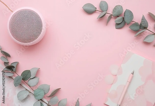 Feminine workspace flat lay with speaker pen and eucalyptus on pastel surface
