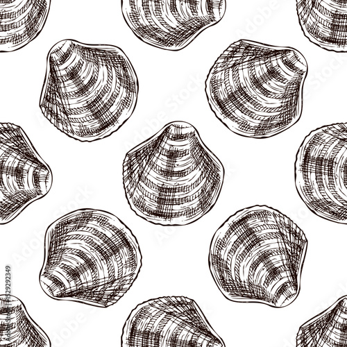 Hand drawn vintage seamless pattern of scallop seashell in brown ink engraving style, coastal sketch illustration